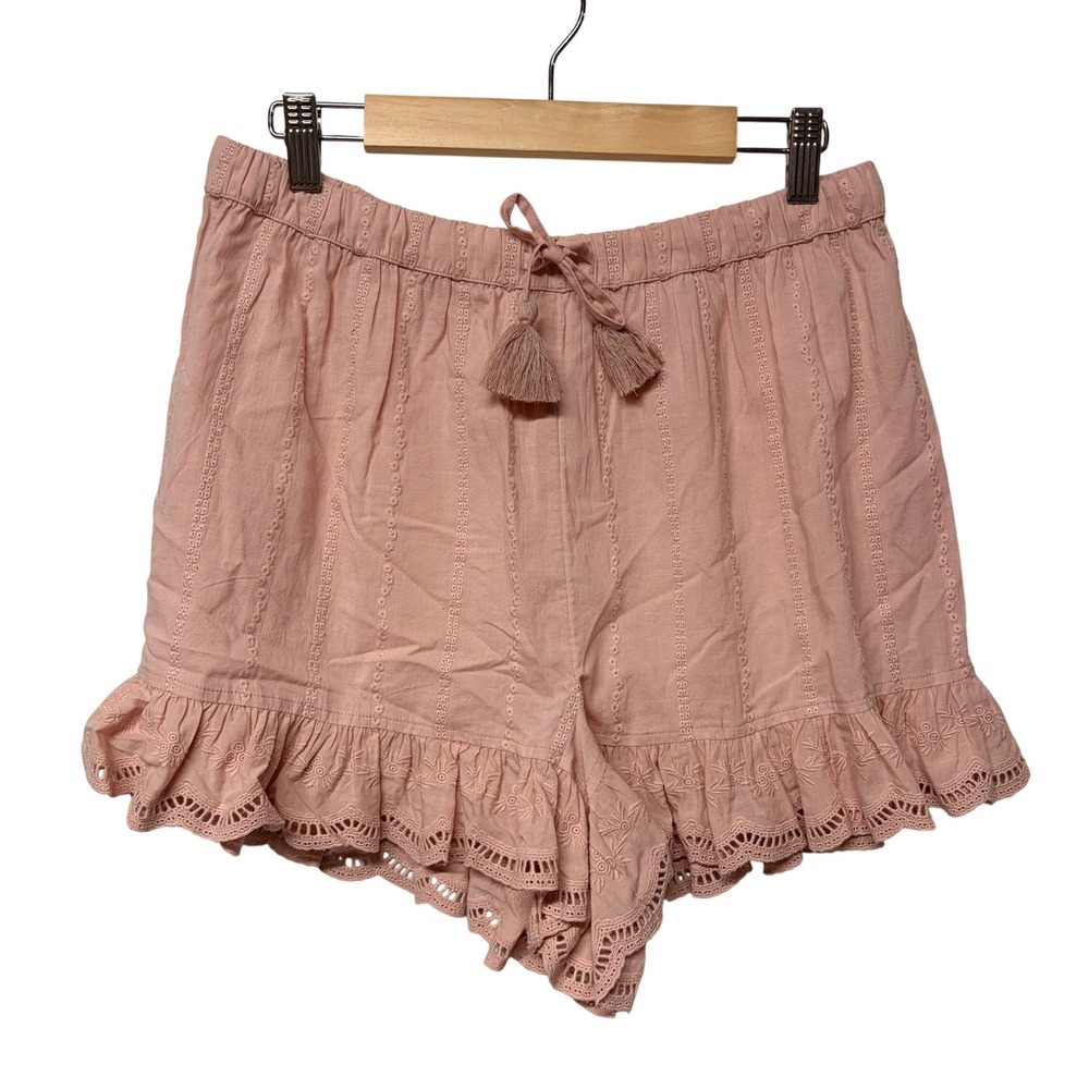 Shabby Chic Eyelet Ruffle Shorts M Pink Tassel Pull On Boho Romantic Cottagecore